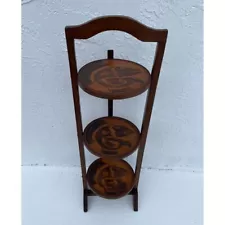 Vintage 3-Tier Solid Wood Round Carved Folding Table Pie Stand Plant Shelf 38.5"