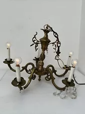 Antique French Ornate Brass 5-Arm Crystal Chandelier 20” Diameter x 21” Height