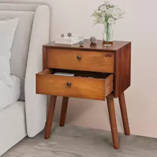 Modern Nightstand Table Mid Century Dark Brown 2 Drawer Solid Wood