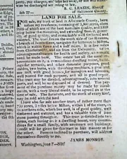 ABERMARLE COUNTY Virginia President James Monroe LAND FOR SALE 1824 Newspaper