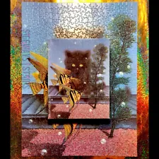 BLACK CAT FISH STALKER JIGSAW PUZZLE vintage angelfish kitten aquarium Tierney