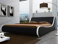 Queen Leather Low Profile Sleigh Platform Bed Frame with Headboard,Black & White