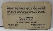 Vintage Card W.H. Taylor Jackson, Mississippi BUY SELL TRADE ANYTHING - Funny