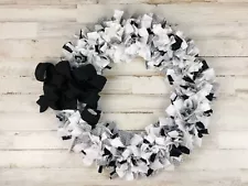 Grey polka dot & black rustic farmhouse handmade fabric rag wreath