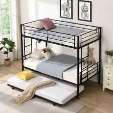 Twin Over Bunk Bed Frame w/ Trundle, Metal, Guard Rail & 2 Ladders for Kids