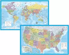 2 Pack - Laminated World Map & US Map Poster Set - Wall Chart Map of the World &