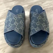 NEW GUCCI GG PLATFORM DENIM GG SANDALS SLIDES 38.5 ð¯Authentic