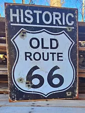 SALE! HISTORIC ROUTE 66 TIN SIGN Bullet Holes rustic vintage motorcycle hot rod