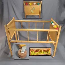 Vintage 50s Drop Side Wood Crib Baby Doll Bed w/Wheels Block Spinners Lamb 26"L