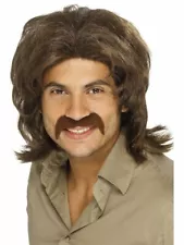 Mens Blow-Out Wig Mullet Redneck Brown Hair 70s Costume Hill Billy Adult NEW