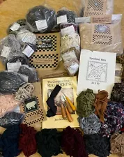 Large lot of primitive hand-dyed rug hooking supplies: wool, burlap, kits, book