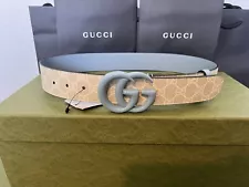 NEW Authentic GUCCI Beige/White/Blue GG MARMONT SUPREME Women's Belt IT-80 US-32