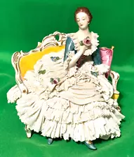 Vintage Dresden Porcelain Lace 5.5" Tall Figurine Victorian Lady On The Couch