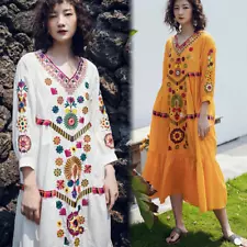 Womens Vintage Ethnic Mexican Embroidered Cotton Linen Long Boho Loose Dress New