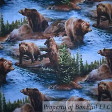 BonEful Fabric FQ Cotton Quilt Blue Water Brown Bear Mountain Scenic Green Tree