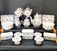 Elegance 24 Piece Black & White Gypsy Skull Tea Set w/Black Display Holder New!