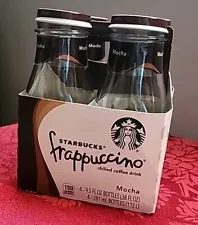 4 STARBUCKS Empty Clean Frappuccino Coffee Glass Bottles 9.5 ozs. Lids & Labels