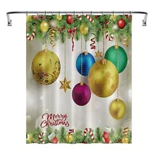 Christmas Shower Curtain Colorful Christmas Balls Hanging in Green Pine Branc...