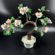 Vintage Bonsai Tree Jade Stone Glass Pink Asian Cherry Blossom Celadon Pot