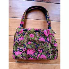 Vintage 1960's Carpet Bag | Magenta and Mossy Green Tapestry Handbag