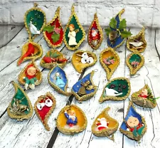 Vintage FOLK ART Milk Weed POD Christmas Ornaments Miniatures Set of 21 - 1960s