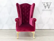 1/4 Chesterfield queen chair, burgundy velvet, for 16″ dolls, BJD furniture