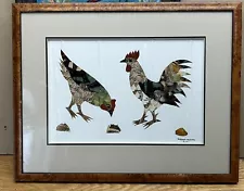 Vintage Butterfly Wing Art Rooster Hen Grazing Signed Framed Teneyambi Region