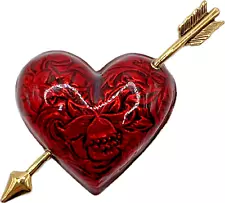 Signed AVON Vintage HEART BROOCH Pin Red Guilloche Enamel Arrow Costume Jewelry