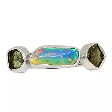 Natural Ethiopian Opal Rough & Moldavite 925 Silver Ring Jewelry s.7 ALLR-27564