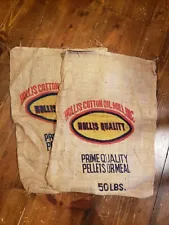 Lot of 2 BURLAP Feed Sacks HOLLIS Cotton Oil Mill Vintage 50 lbs