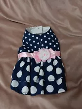 Dog Clothes/dress For Girl Dog XXS Blue & White Polka Dot W/pink Belt &Bow