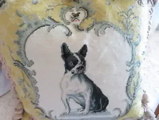 Vintage Aubusson style FRENCH COUNTR Needlepoint Pillow Boston Terrier & Scrolls