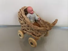 Vintage Wicker Pram Carriage And Caco Baby Doll Germany Dollhouse Miniatures