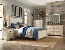 ON SALE - 5 piece Farmhouse Queen King Bedroom Set in Antique White & Brown IA58