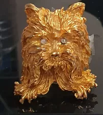 Heavy Gold Metal Dog Head Brooch Diamonte Eyes 5cm x 4cm Pekingese Pomeranian