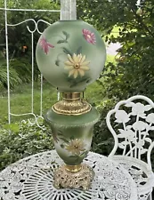 SPECTACULAR 28” ANTIQUE VICTORIAN GWTW PAINTED BANQUET OIL LAMP USA