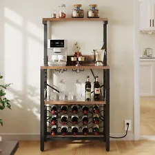 Wine Rack Table Bakers Rack Freestanding Bar Storage Cabinet with Power Outlet