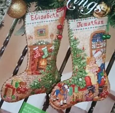 Cross Stitch "CHRISTMAS STOCKINGS" pattern ~ Santa, children, fireplace, window