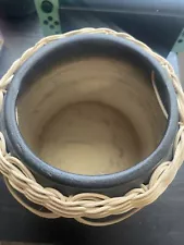 NEW Black Bamboo Weave Textured Ceramic Planter Gardening Flower Pot 6.5 x 6.75"