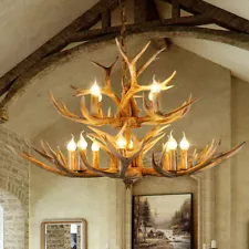 Retro Resin Antler Chandelier Lodge Deer Horn Ceiling Pendant Lighting Fixture