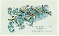 N.W. Appleton Stationer, Boston Embossed Blue-green Floral Victorian Trade Card