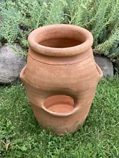 VINTAGE TERRA-COTTA STRAWBERRY HEN & CHICKS HERBS POTTERY POT PLANTER 4 Hole 10"