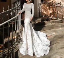 Gorgeous Lace Mermaid Wedding Dresses Long Sleeve Illusion Back Bridal GownTrain