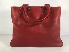 Kale Red Pebble Leather Classic Inner Zip Pocket Double Handle Travel Tote Bag