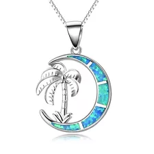 Hawaii Blue Fire Opal Moon Coconut Tree Necklace Silver Filled For Women Girls