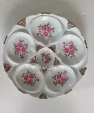 Oyster Plate Pink Flowers Gold 5 Well Dinner Home Collectible