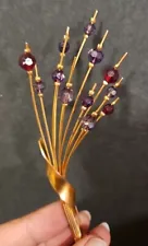 Vintage Brooch Pin Gold Tone Faceted Purple/Maroon Beaded Floral Spray Bouquet