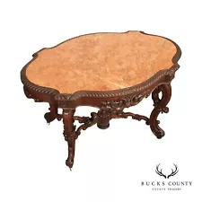 Antique Renaissance Revival Carved Mahogany Marble Turtle Top Center Table