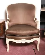 Furniture, Pair of French Bergere Armchairs, Painted Wood, Brown Upholstery