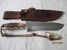 Vintage “HC” Large Stag Handle Bowie Knife w/ Leather Sheath-Minty Condition